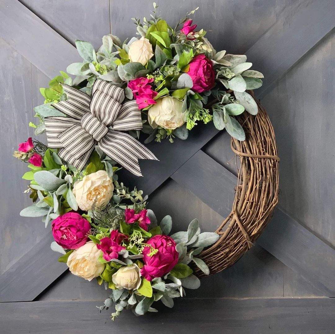 Peony Wreath,  Front Door Wreath, Bright Front Door Wreath, Pink and White Peony Wreath, Year Rou... | Etsy (US)