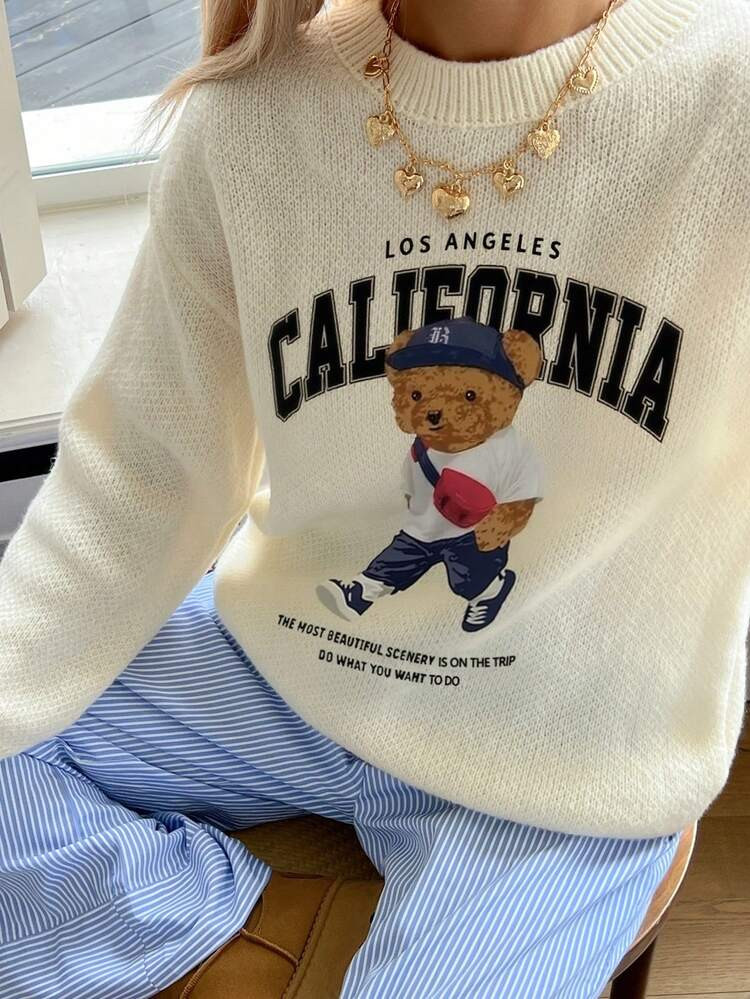 Suéter De Cuello Redondo Con Estampado Digital De Oso Blanco De Moda Casual Para Mujer, Adecuado Para Uso Diario, Ir Al Trabajo Y De Compras, Otoño/Invierno | SHEIN