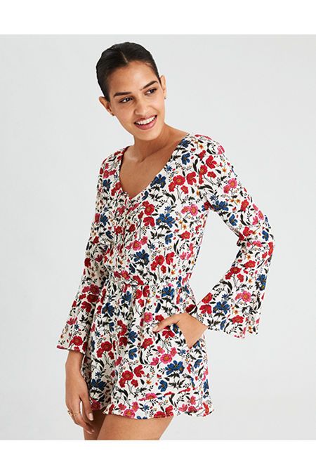 AE Shirred Front Floral Printed Romper | American Eagle Outfitters (US & CA)
