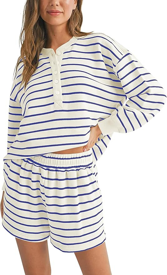 Women Casual 2 Piece Striped Pajamas Loose Button Sweatshirt Matching Shorts Tracksuit Lounge Set... | Amazon (US)