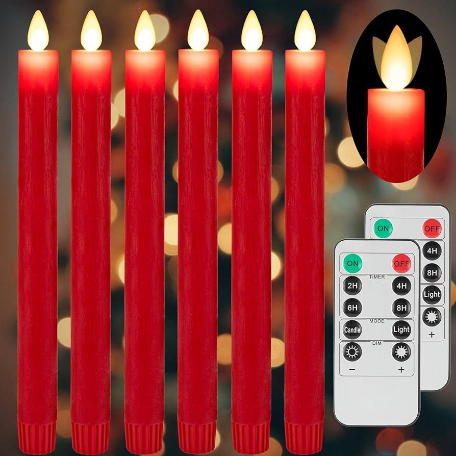AFINETH Red Flameless Taper Candles with Moving Wick, 9.6" Real Wax Battery Candles with 2 Remote... | Amazon (US)