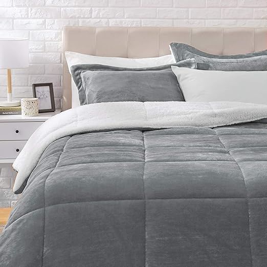Amazon Basics Ultra-Soft Micromink Sherpa Comforter 3-Piece Bedding Set, King, Charcoal | Amazon (US)