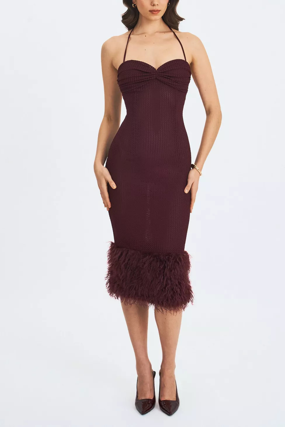 Miss Circle Pluma Halter Faux Fur Trimmed Midi Dress | Urban Outfitters (US and RoW)