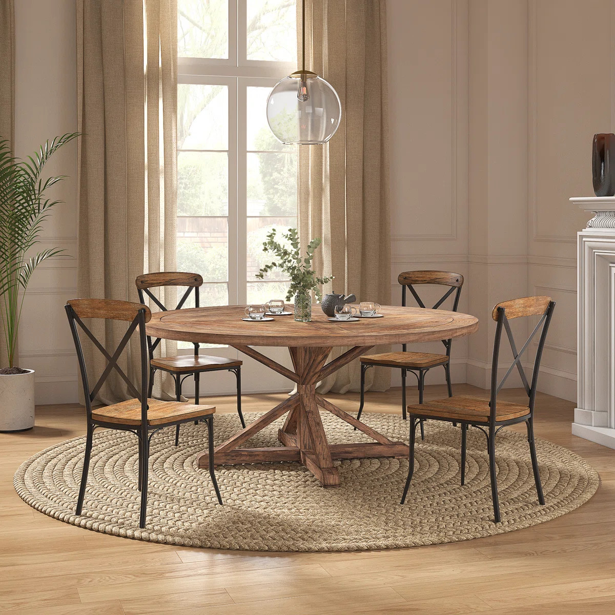 Diskin Rustic X-Base Round Pine Finish Dining Table Set - Table And 4 X-Back Metal Chairs | Wayfair North America