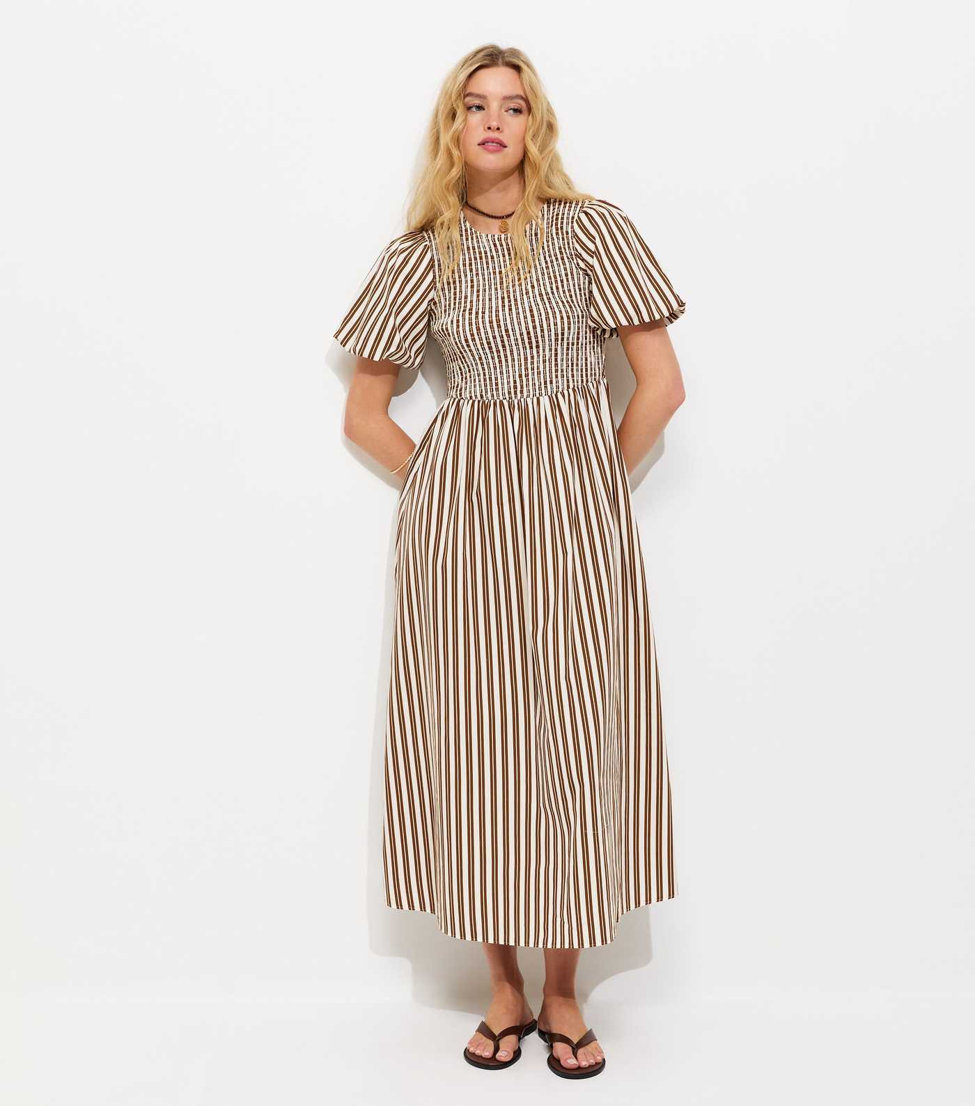 Brown Striped Puff Sleeves Shirred Smock Midi Dress | New Look | New Look (UK)