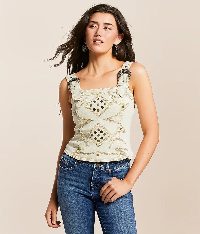 Studded Western Denim Stretch Tank Top | Buckle