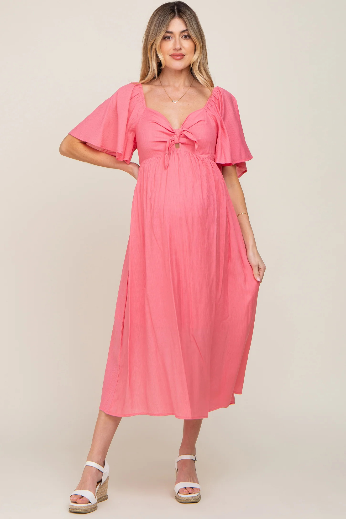 Peach Front Tie Ruffle Sleeve Maternity Midi Dress | PinkBlush Maternity