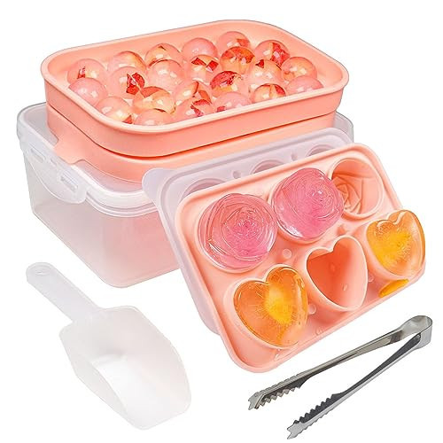 Silicone Ice Molds Fun Shapes Set, Heart Rose Ice Cube Mold, Small Round Ice Cube Tray, Makes 22 Sphere & 3 Heart 3 Rose Shape Ice Balls for Chilling Whiskey Cocktails, 2 Ice Trays with Bin Scoop Tong | Amazon (US)