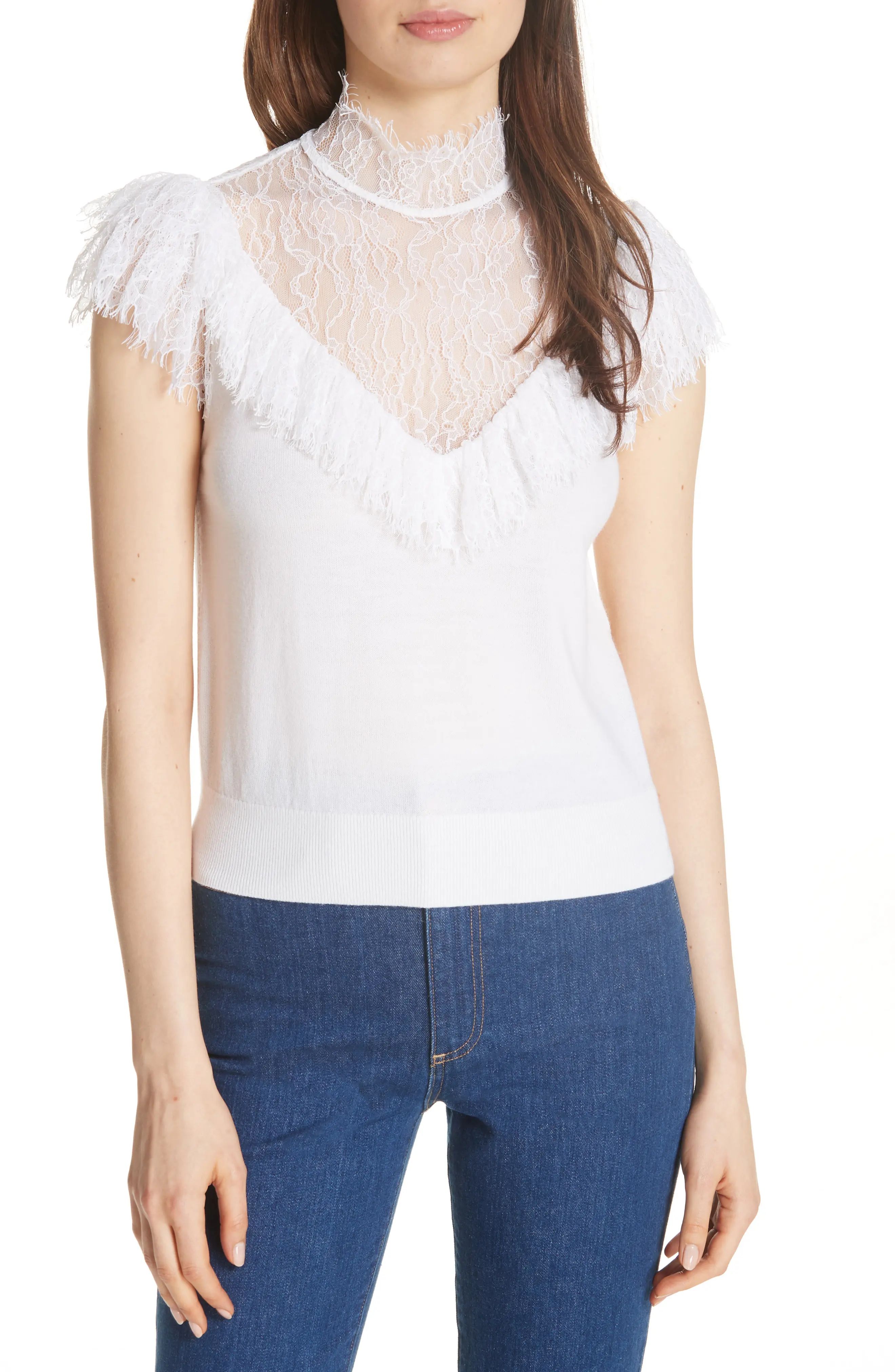 Alice + Olivia Beth Lace Ruffle High Neck Top | Nordstrom