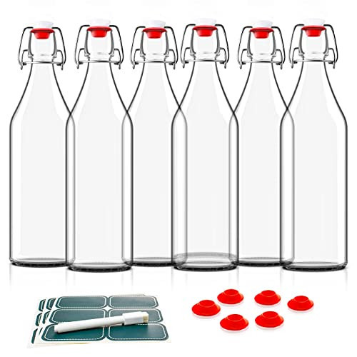 Otis Classic Swing Top Glass Bottles - Set of 6, 16oz w/Marker & Labels - Clear Bottle with Caps for Juice, Water, Kombucha, Wine, Beer Brewing, Kefir Milk or Eggnog | Amazon (US)