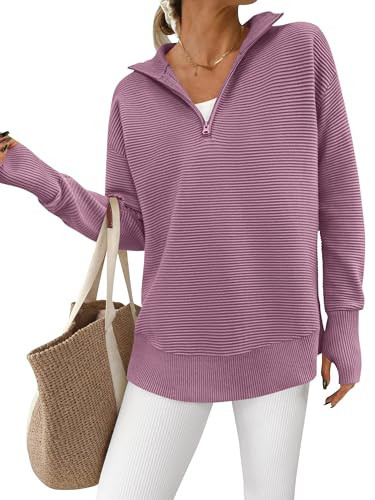 PRETTYGARDEN Womens Long Sleeve Quarter Zip Pullover Sweater Casual Loose V Neck Collared Ribbed Knit Jumper Tops Thumb Hole(Light Purple,Small) | Amazon (US)