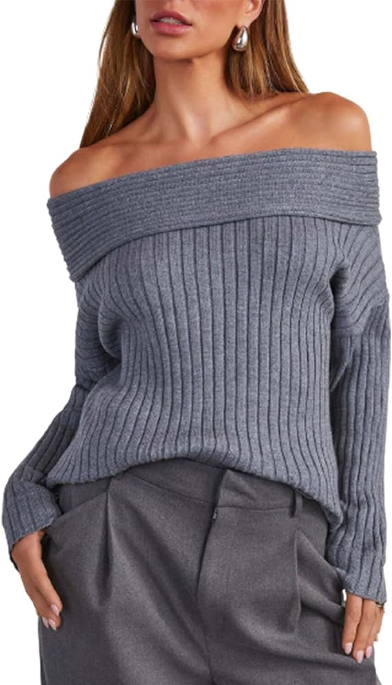 Womens Off The Shoulder Sexy Sweater Boat Neck Long Sleeve Slim Fit Cozy Plain Pullover Knitted T... | Amazon (US)