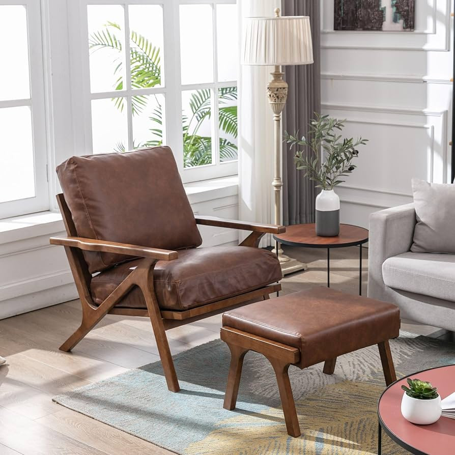 Brown Leather Accent Chair and Ottoman Set, Mid Century Modern Arm Chair, Retro Upholstered Armch... | Amazon (US)