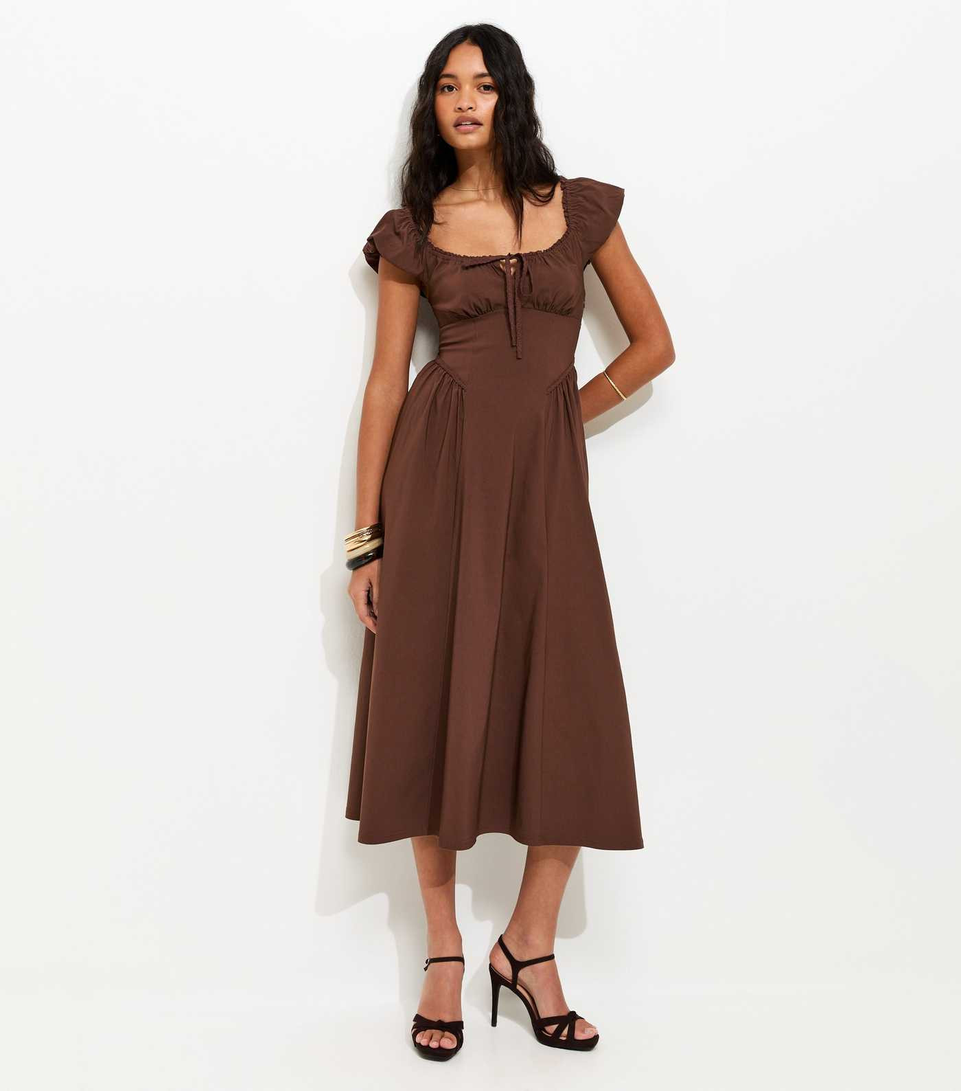 Dark Brown Lace Trim Milkmaid Midi Dress | New Look | New Look (UK)