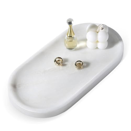 Koville African Natural White Marble Decorative Tray, 10" x 5" Marble Vanity Tray for Bathroom Countertop Organizer Stone Trays, Catchall Tray for Perfume, Candles, Jewelry (Namib Bianco White) | Amazon (US)