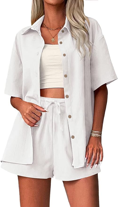 Zeagoo Womens 2 Piece Outfits Cotton Linen Shirt and Drawstring Short Set 2024 Summer Vacation Se... | Amazon (US)