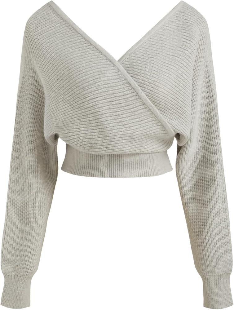 CIDER Cropped Sweaters for Women V Neck Wrap Cross Front Solid Knit Pullover Long Sleeve Tops | Amazon (US)