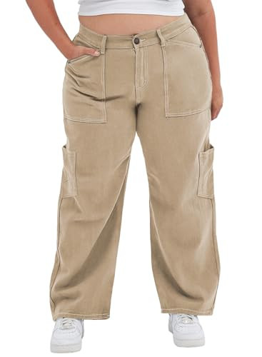 Eytino Plus Size Cargo Pants for Women High Waist Stretch Baggy Pants Casual Straight Leg Trousers with Pockets,2X Shallow Khaki | Amazon (US)