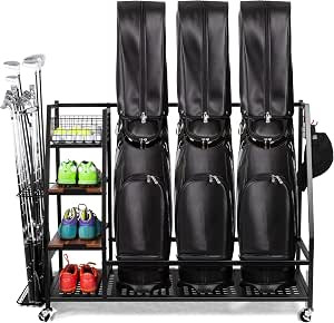 Golf Bags Storage Garage Organizer, Golf Bag Rack Fits 2/3 Golf Bags and Golf Equipment Accessori... | Amazon (US)