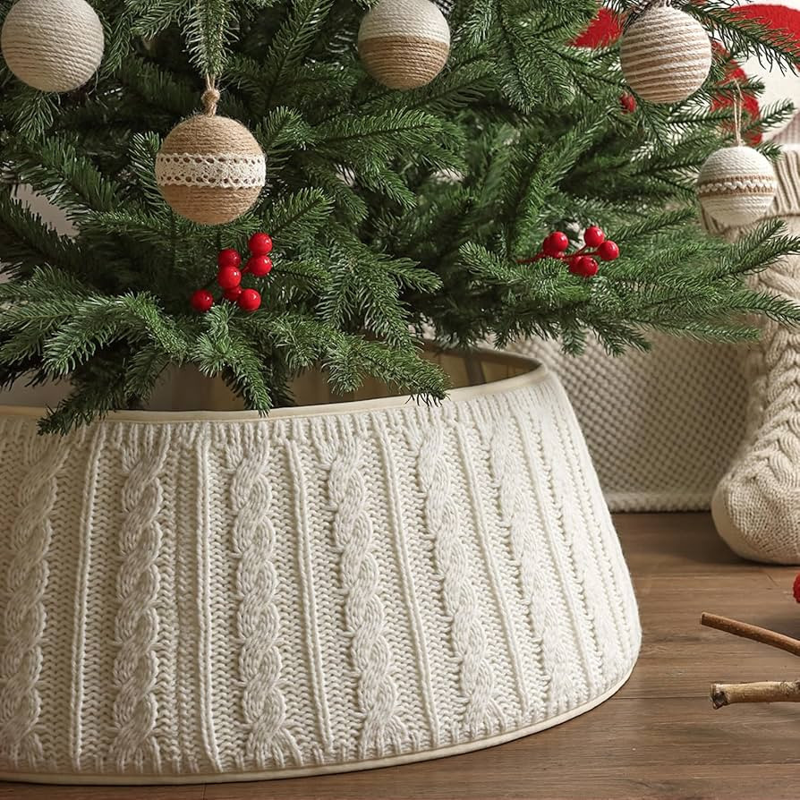 Knitted Christmas Tree Collar: Cream White Braided Cable Knit Vertical Crochet Tree Ring, Rustic ... | Amazon (US)