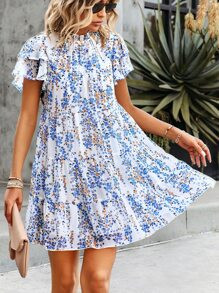Ditsy Floral Print Mock Neck Butterfly Sleeve Ruffle Hem Smock Dress SKU: sw2211212072005204(32 R... | SHEIN