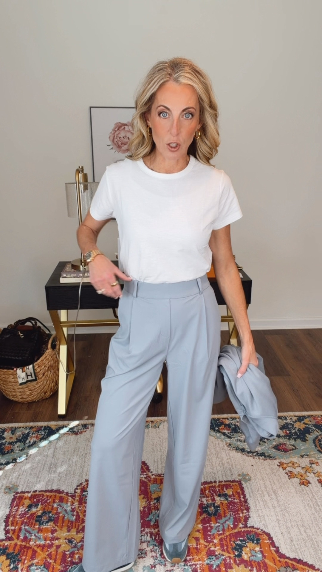 Avia women’s scuba knit, bubble hem bomber jacket with matching pants, truly elevate, the modern tradition of looking luxurious for less with all the comfort. You can wear each piece separate or you can wear it together. The jacket is $28 wearing a size small the pants are $25 size small  and this great tee is under $10 