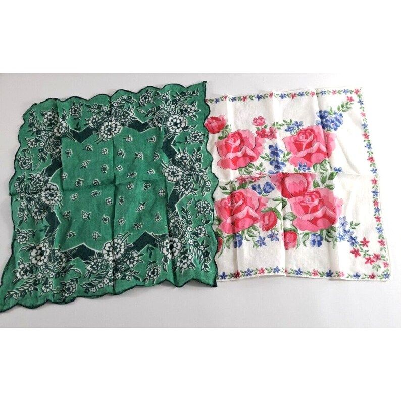 Women's Vintage Handkerchiefs Pair Of 2 Hankies Roses Green Floral Retro | Etsy (US)