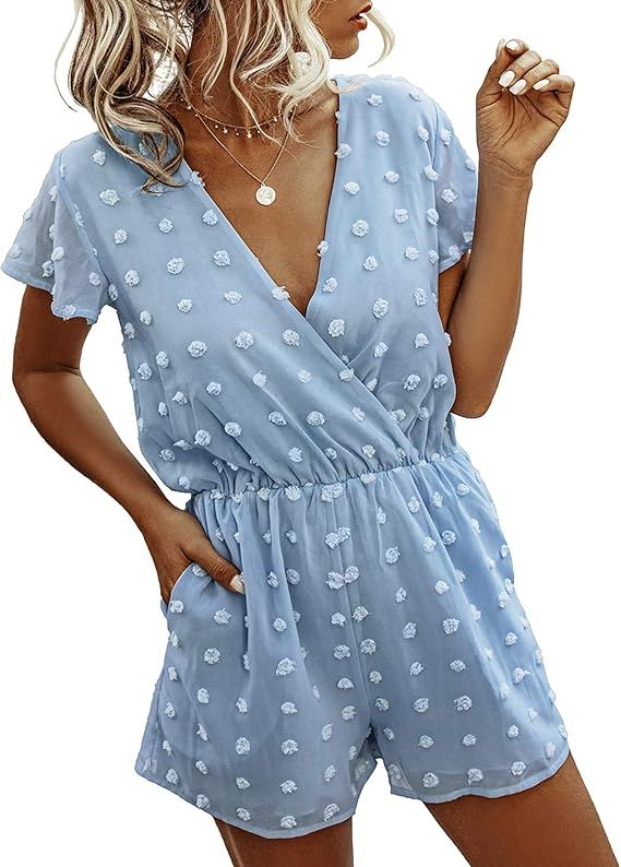 BTFBM Women Fashion Wrap V-Neck Swiss Dot Print Short Sleeve Elastic Waist Plain Summer Pockets S... | Amazon (US)