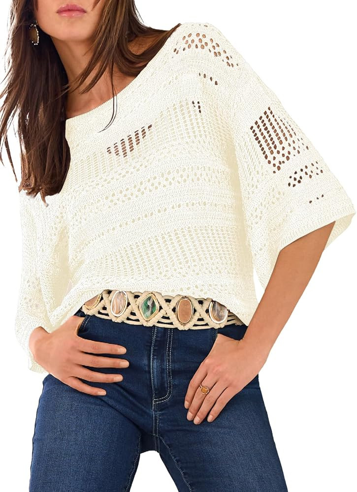 EVALESS Womens Spring Summer Tops 2026 Fashion Trendy Casual Half Sleeve Crochet Hollow Out Sweat... | Amazon (US)