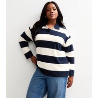 Women's Plus Size Blue Striped Long Sleeve Rugby Top Curves New Look | New Look (UK)