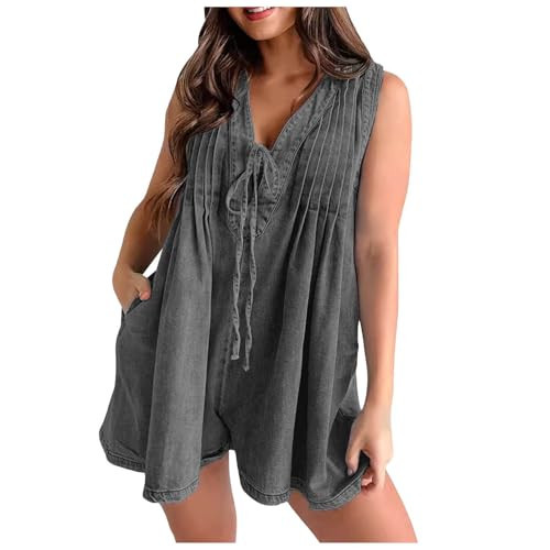 Generic Jean Romper for Women Sleeveless Front Tie Denim Romper Overall Shorts Summer Jean Romper With Pocket (Dark Gray, S), Small | Amazon (US)