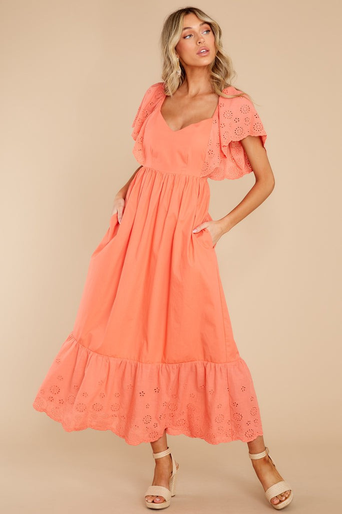 Unforgettable Moments Coral Eyelet Maxi Dress | Red Dress 