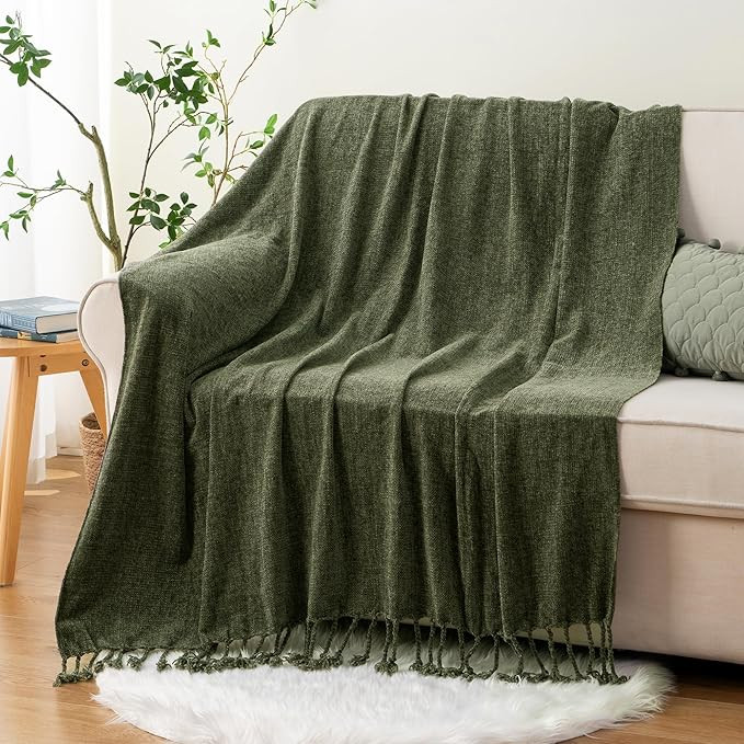 BATTILO HOME Olive Green Throw Blanket for Couch Bed Sofa, Soft Cozy Chenille Throw Blanket with ... | Amazon (US)