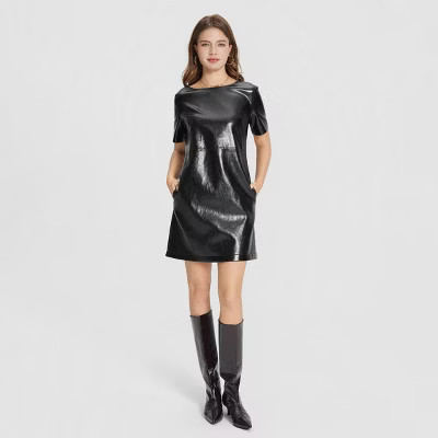 Women's Short Sleeve Faux Leather Mini Shift Dress - A New Day™ Black S | Target