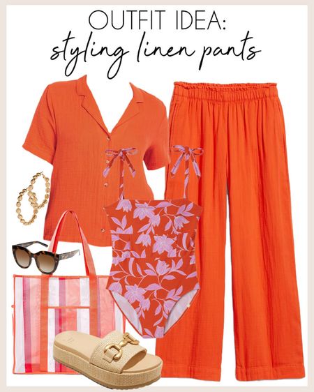 Another cute way to style linen pants! These have a matching top too! 

#linenpants

Orange linen pants. Linen button down top. Floral one piece swimsuit. Target finds. Target beach bag. Target designer inspired sandals  

#LTKSeasonal #LTKstyletip #LTKsalealert