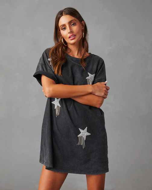 Wish Upon A Star Embellished Fringe T-Shirt Dress - Black | VICI