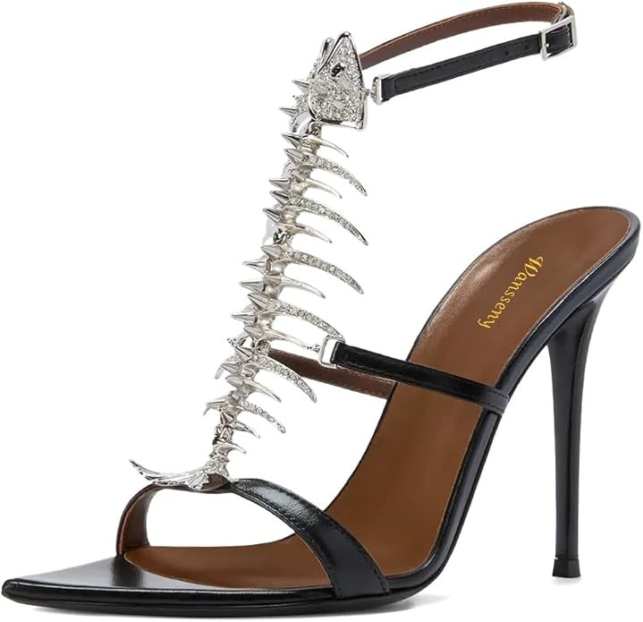 Women Sexy Open Pointed Toe Fishbone Rhinestone Sandals Ankle Strap Buckle High Heel Stilettos fo... | Amazon (US)