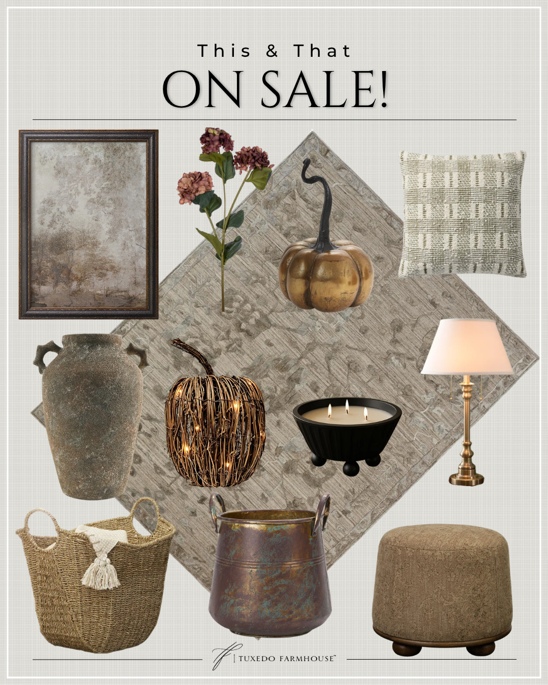 These sale finds are so good for adding warmth and character as we head into fall! 🍂 The textured rug, vintage-inspired accents, cozy pillow, warm brass and woven pieces all feel collected and timeless—with just enough seasonal charm from those pretty pumpkins. 🤎

#LTKSaleAlert #LTKHome #LTKSeasonal #FallDecor #HomeDecorDeals #CozyHome #AutumnHome #DecorFinds 

 #LTKSeasonal #LTKHome #LTKSaleAlert