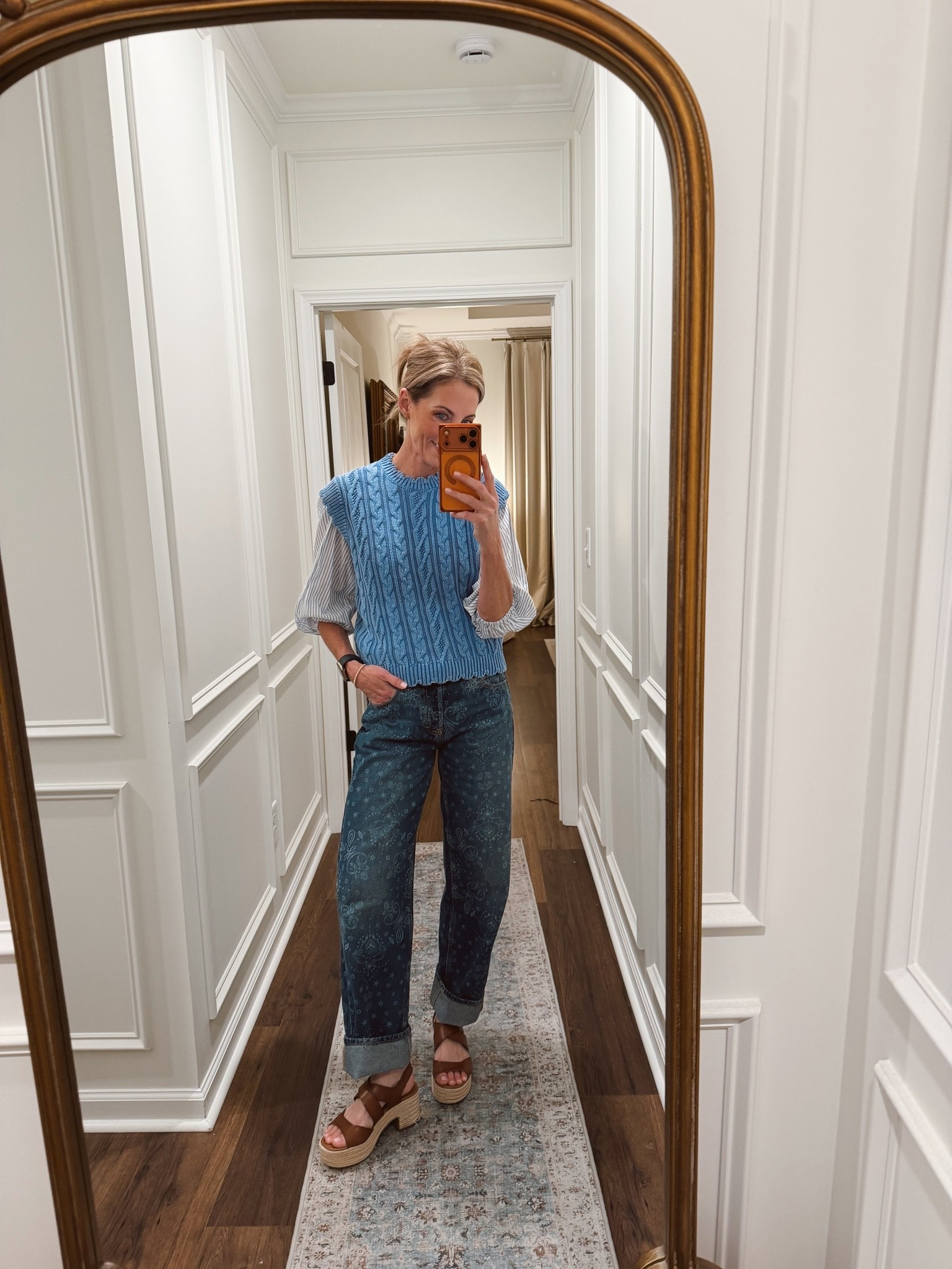 Today’s outfit of the day is this beautiful new arrival sweater vest from Walmart under $30. I put a free assembly striped shirt underneath that’s on sale $12. Both size small.  Love these target jeans on sale $36 size 2 the pattern is so fun.