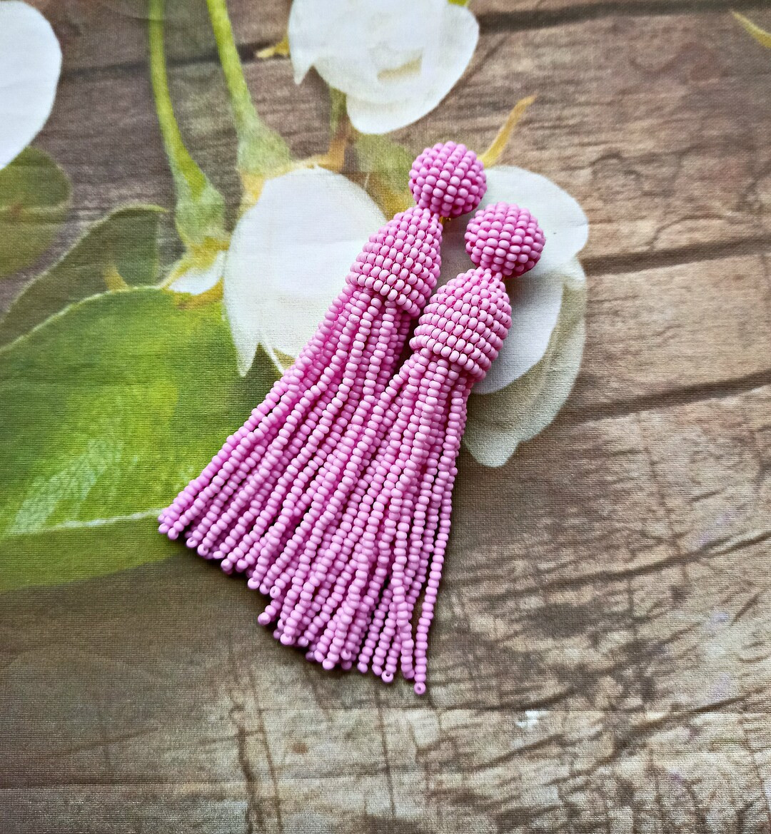 Earrings Oscar Renta Style/ PINK Color/long Short/beaded Tassel /seed Beaded Earrings, Stylish Tr... | Etsy (US)