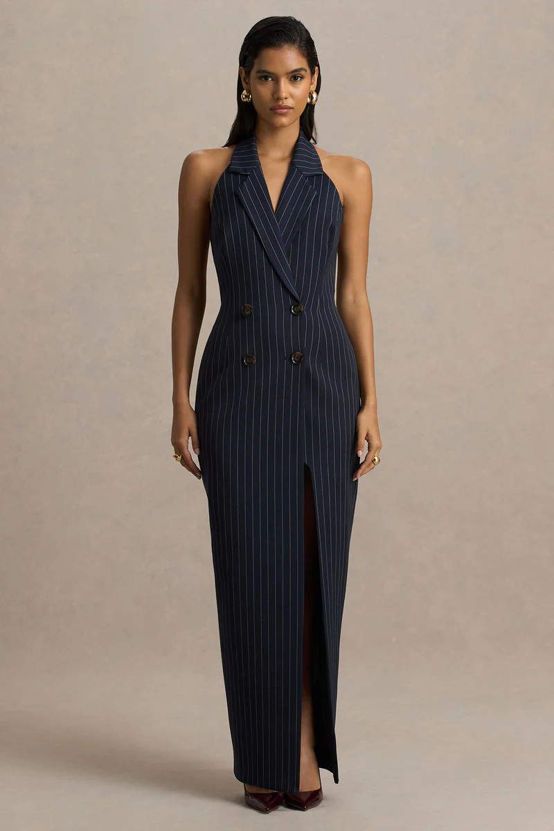 Eve | Navy Pinstripe Plunge-Neckline Tailored Maxi Dress | Club L London