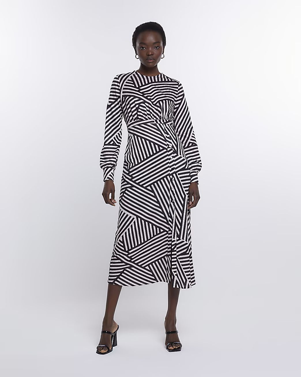 Black stripe long sleeve midi dress | River Island (US)