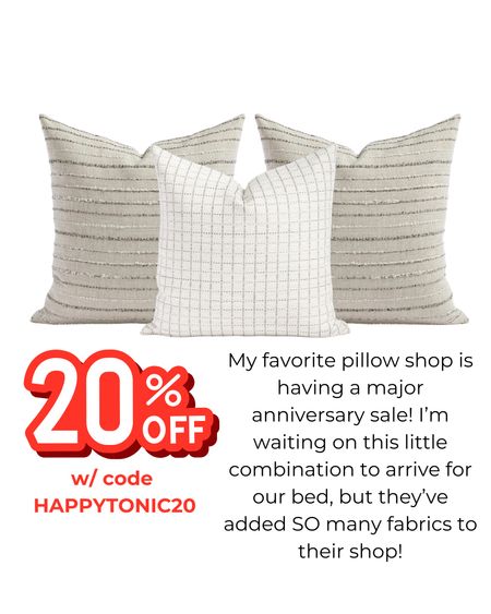 Use code HAPPYTONIC20 for 20% off at my favorite pillow shop! I’m waiting for this little throw pillow set-up to arrive for our bed 👏🏻 Their fabrics and construction are seriously unparalleled and the pillows I’ve used for years are still on repeat, in pristine condition. You can purchase with insert or cover only, but their pillow inserts are my fave. Linking a few more pillow patterns but you need to brisket the entire shop! 

Home decor bedroom decor throw pillows sofa pillows living room decor bedding neutral pillows 

#LTKhome #LTKfindsunder100 #LTKsalealert