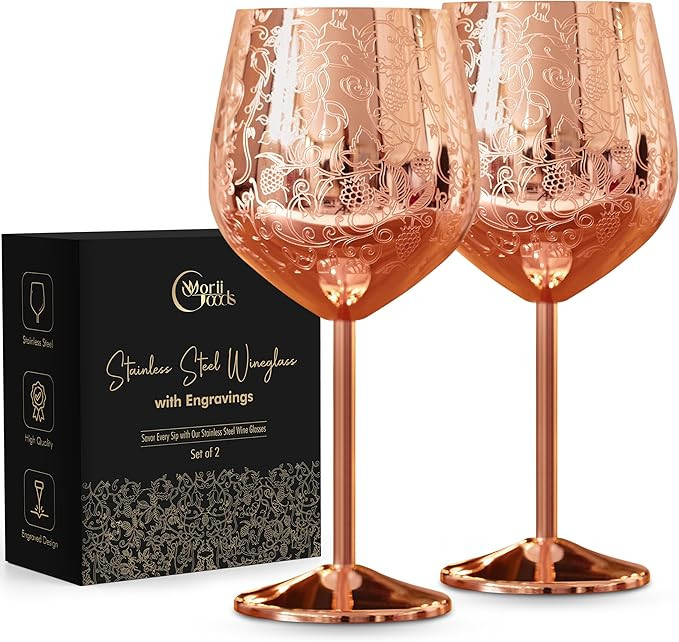 Stainless Steel Wine Glasses - Set of 2 Etched Wine Glasses, Unbreakable Rose Gold Wine Glasses f... | Amazon (US)