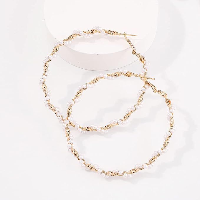 Girlssory Gold Large Hoops Earrings Huge Circle Earrings Pearls Earrings Thin Dangle Gold Fashion... | Amazon (US)
