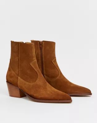 Depp tan suede western boots with stacked heel | ASOS UK