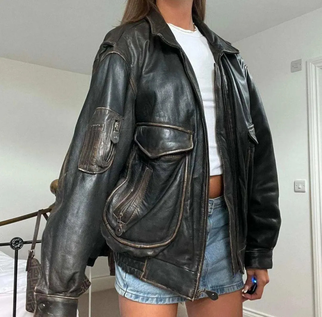 Vintage Oversized Black Leather Jacket Women 90s Genuine Leather Bomber Coat Retro Grunge Streetw... | Etsy (US)