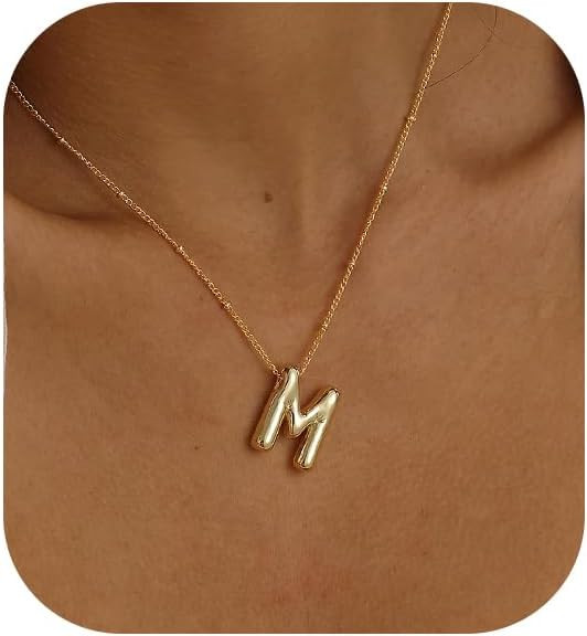 Gold Bubble Letter Necklace for Women, 14k Gold Plated Balloon Initial Letter Pendant Necklace Da... | Amazon (US)