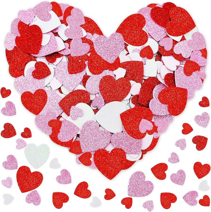 300 Pieces Valentine's Day Red Pink White Glitter Heart Foam Stickers - Assorted Love Heart Shape... | Amazon (US)