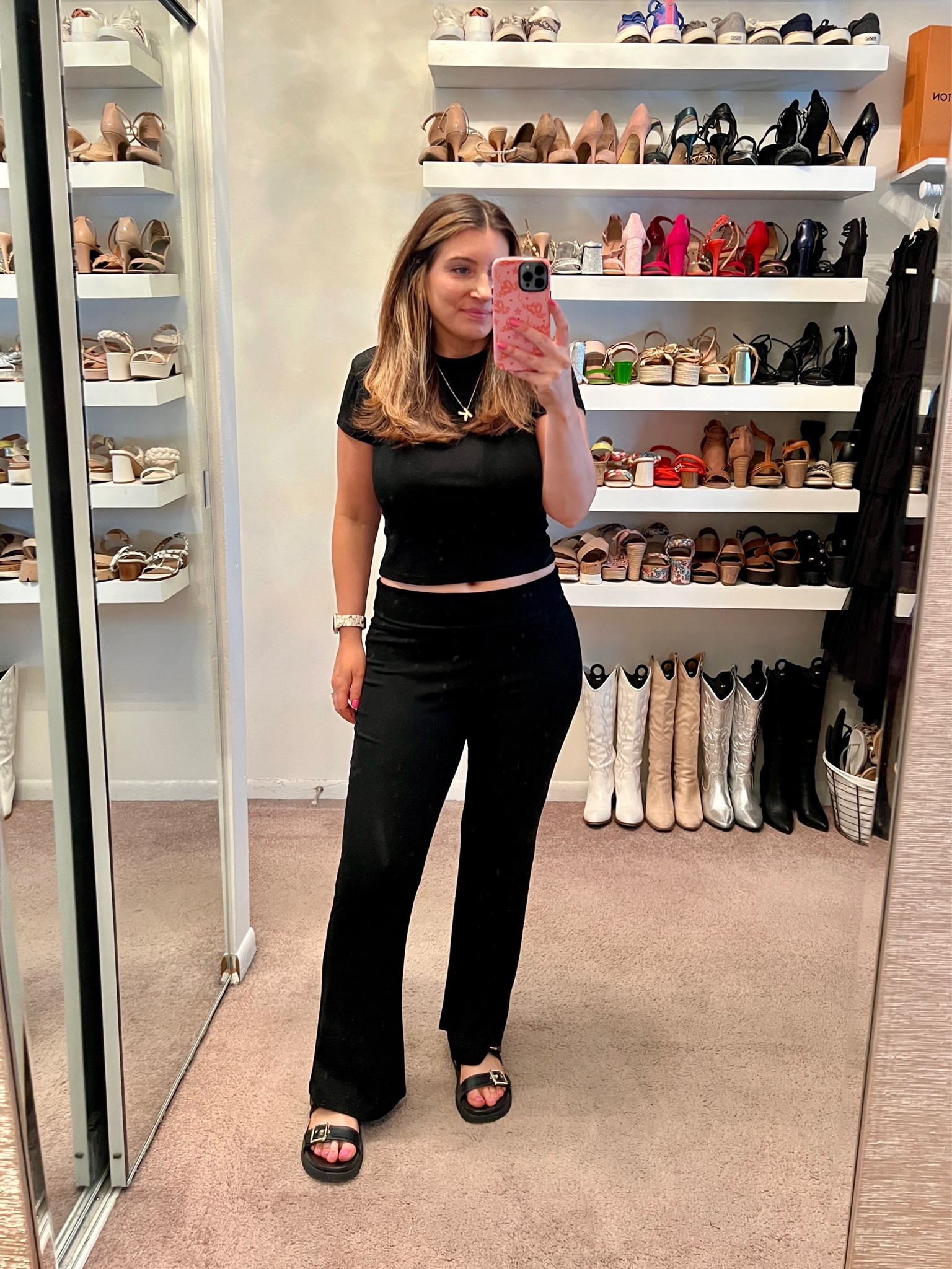 Amazon two piece set, travel outfit, black sandals, gold jewelry, initial necklace, casual outfit, easy outfit 

#LTKstyletip #LTKshoecrush #LTKfindsunder50